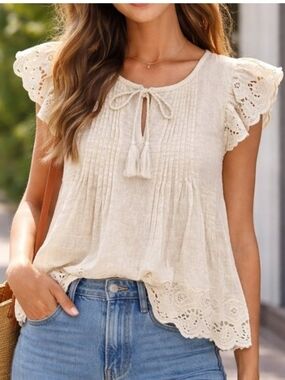 Jennifer &Grace Boho Cream Eyelet Flutter-Sleeve Women’s Top